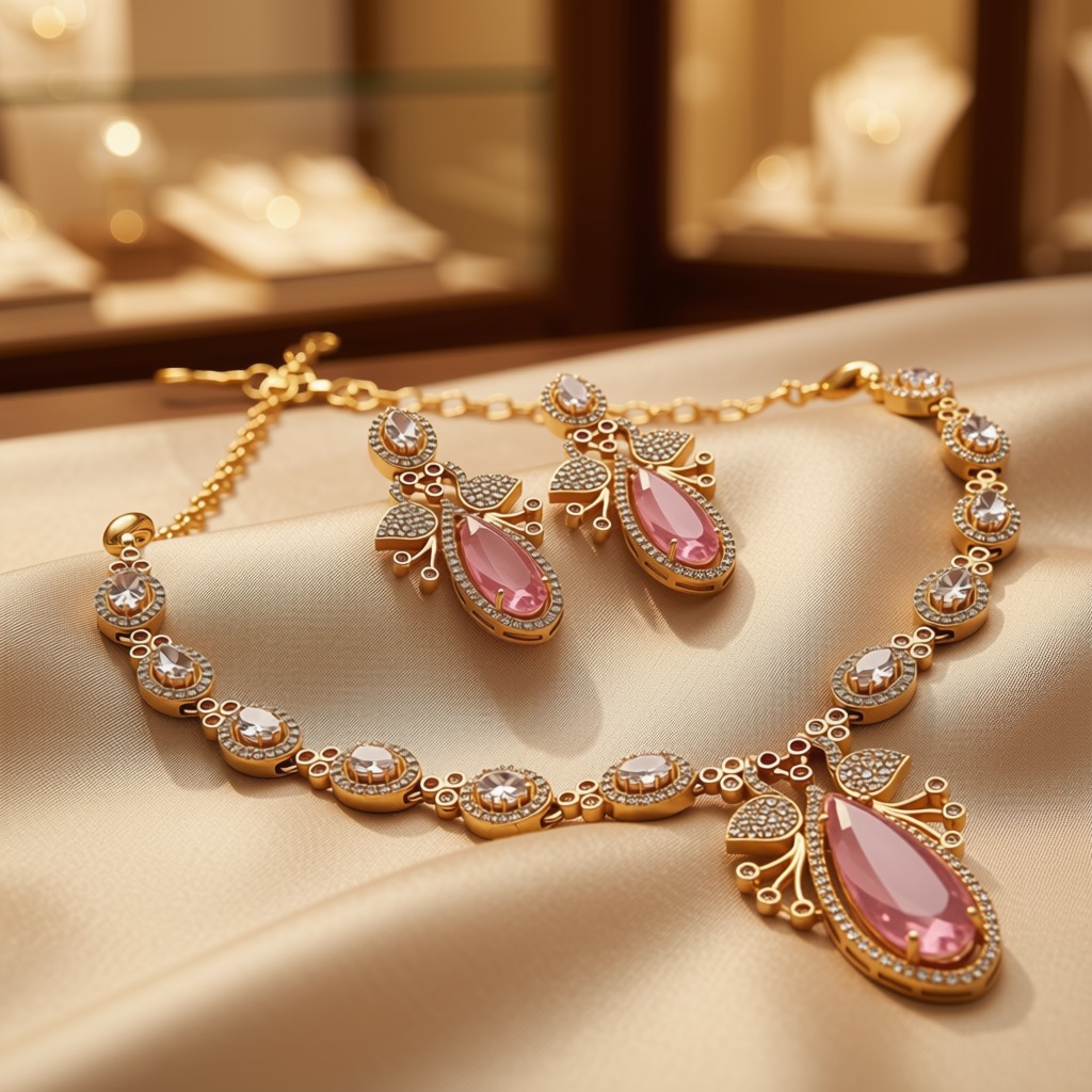 Pink Stone Butterfly Motif Necklace Set