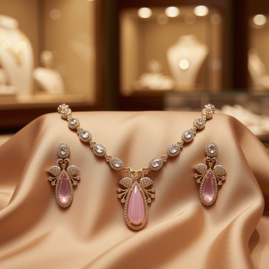 Pink Stone Butterfly Motif Necklace Set - view 2