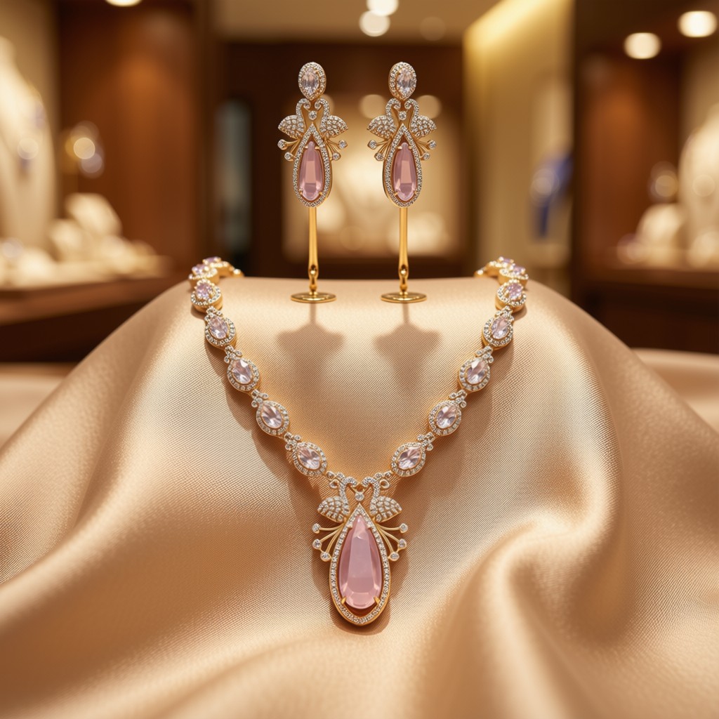 Pink Stone Butterfly Motif Necklace Set - view 3