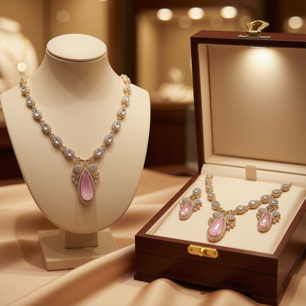 Pink Stone Butterfly Motif Necklace Set - view 4