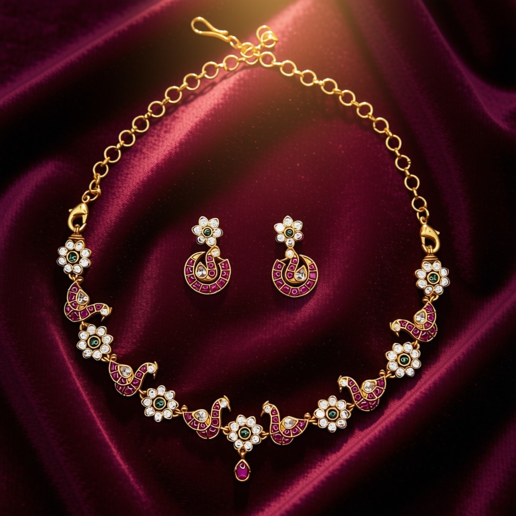 Peacock Floral Kundan Necklace Set - view 2