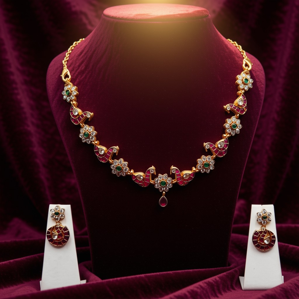 Peacock Floral Kundan Necklace Set - view 3