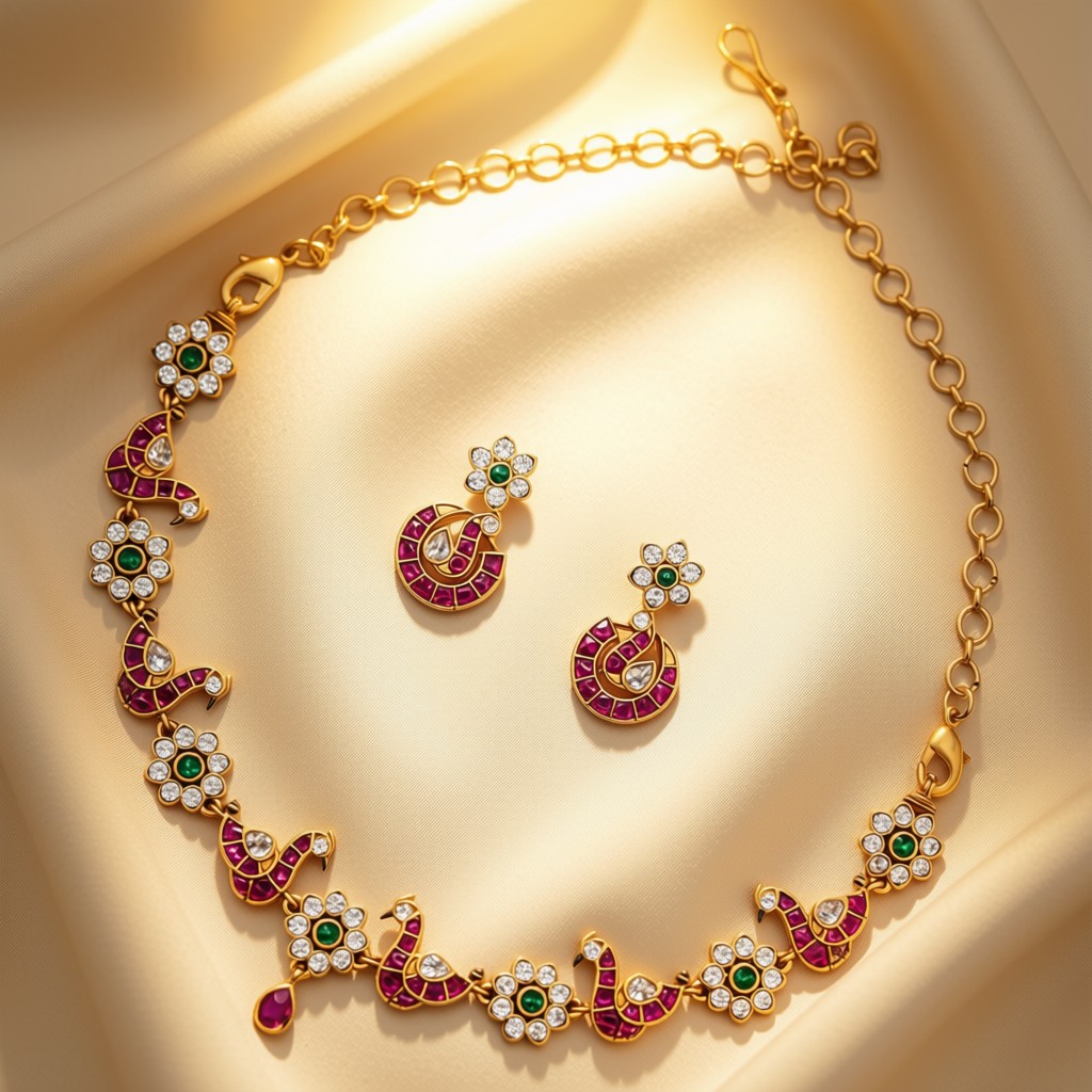 Peacock Floral Kundan Necklace Set - view 5